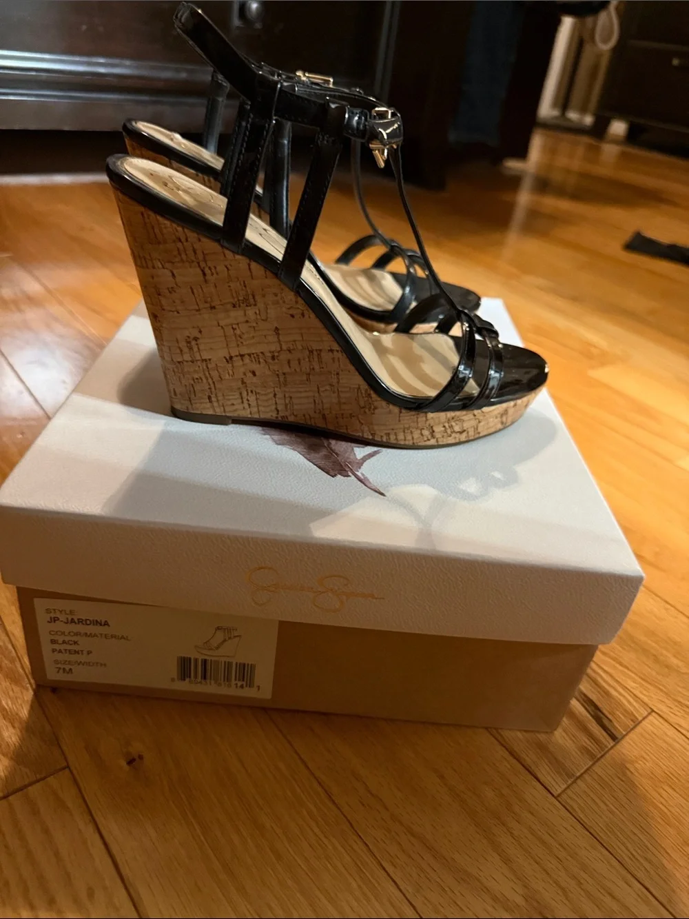 Jessica Simpson Black Patent Cork Wedge Sandals